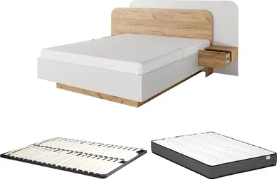 Produktbild von Bett mit Nachttischen 160 x 200 cm - Mit LED-Beleuchtung - Natur und weiß + Rahmen + Matratze - DESADO