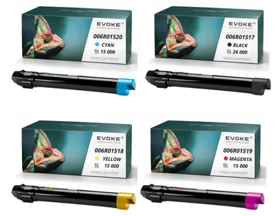 Image de Cartouches de toner compatibles Evoke pour Xerox 006R01517, 006R01518, 006R01519, 006R01520 (lot de 4, CMJN : noir, cyan, magenta, jaune), rendement de 71 000 pages, compatibles avec les modèles WorkCentre 7525, 7530, 7535, 7545, 7556, 7830, 7835, 7845, 7855