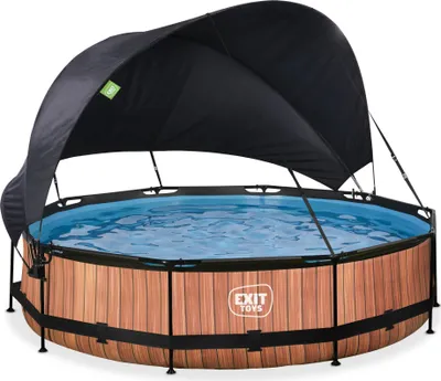 Immagine prodotto di Piscina fuori terra EXIT Wood con struttura in legno, ø360, con pompa di filtraggio e tenda parasole, rotonda, marrone