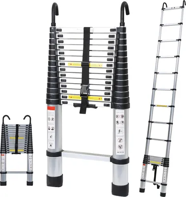 Produktbild von Jopassy Teleskopleiter Mit Haken Ausziehleiter bis 150kg Stabil Aluminium Stehleiter Silber 4.4m