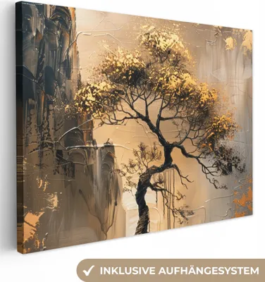Produktbild von Wandbilder wohnzimmer 40x30 cm - Abstrakt und Modern - Baum - Gold, Leinwand Bilder, Wanddeko, Gemälde