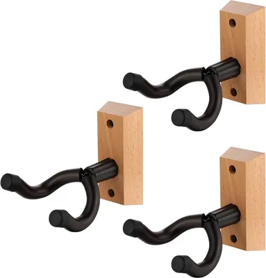 Productafbeelding van Gitaarwandhouder – Set van 3 – Geschikt voor basgitaren, elektrische gitaren, banjo's – Houten gitaarstandaard – Haken voor akoestische gitaren