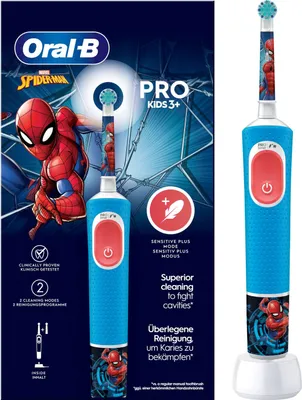 The image shows the packaging of an Oral-B Pro Kids electric toothbrush featuring Spider-Man.