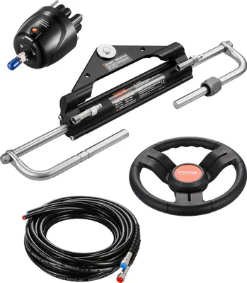 Zdjęcie produktu dla Hydrauliczny zaburtowy zestaw sterowy VEVOR 150 KM, kierownica 342,9 mm, pompa sterowa, siłownik hydrauliczny i dwa węże 7924,8 mm