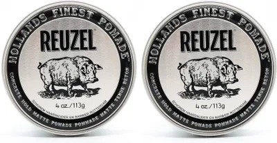 Two identical circular tins of Reuzel pomade are shown side-by-side against a white background.