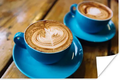 Produktbild von MuchoWow® Poster Zwei blaue Tassen mit Kaffee auf einem Holztisch 90x60 cm - Schlafzimmer