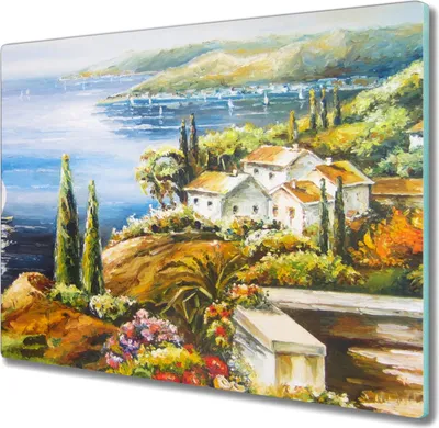 Produktbild von Coloray Herdabdeckplatte 60x52 cm Schneidebrett Kochplattenabdeckung Küchenbrett Hackbrett - Coast Dorf Boote Blumen