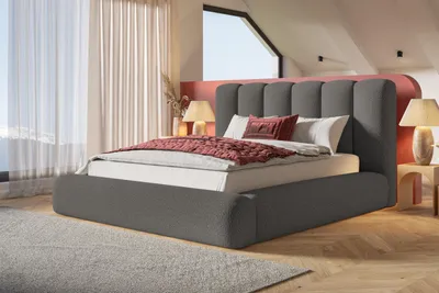 Produktbild von Bett 140x200, Bett mit Lattenrost, Polsterbett mit Bettkasten und Metallrahmen, Eleganter Catch Me-Stoff, Kollektion Alva Maxi, Grau