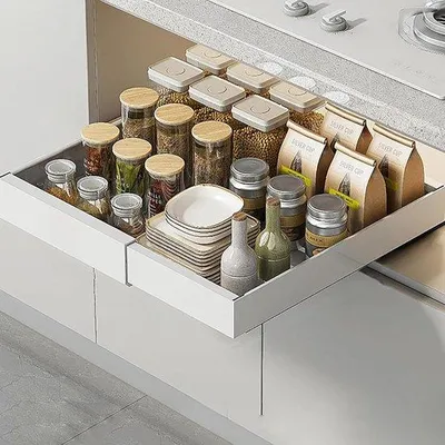 Image de Organisateur télescopique pour armoires de cuisine, extensible, blanc, largeur de 32 à 48 cm