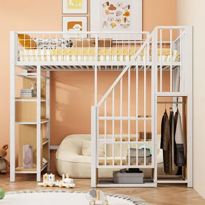 Zdjęcie produktu dla Łóżko piętrowe 90x200 cm, białe, metalowe, z schodami z miejscem do przechowywania i półkami, wielofunkcyjna konstrukcja łóżka do sypialni