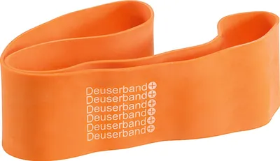 An orange fitness band is shown on a white background.