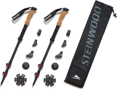 Produktbild von Steinwood Premium Carbon Wanderstöcke Teleskop - Trekkingstöcke Damen & Herren - Wanderstock Carbon Ultraleicht mit Kork-Griff und Gummipuffer Set