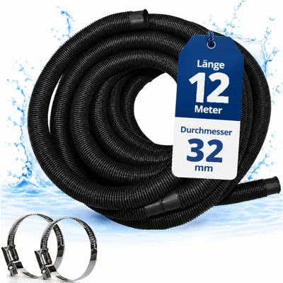 Produktbild von HAF Hochwertiger Pool Schwimmbadschlauch 32mm Schwarz 12 Meter | Poolschlauch für Garten & Schwimmbad | Solarschlauch + 2x Edelstahl Schlauchschellen