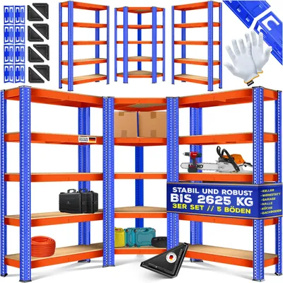 Immagine prodotto di MASKO® Set da 3 scaffali in metallo per magazzino: 1 scaffale angolare e 2 scaffali da magazzino con 15 ripiani in MDF. Scaffale da 2625 kg per officina, cantina, garage; scaffale per carichi pesanti, scaffale a incastro con ripiani in MDF