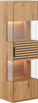 Produktbild von Wohnzimmer Hängevitrine mit 43 cm Breite aus Eiche massiv geölt mit schwarzen Lamellen und LED-Beleuchtung - TIVAT-163