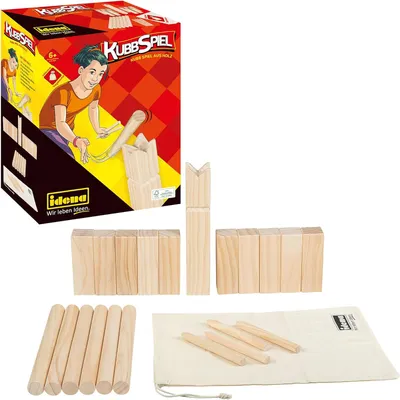 Produktbild von Idena 40175 - Kubb Spiel mit 10 Kubbs, 6 Wurfhölzern, König und 4 Eckstäben, inklusive Transport- und Aufbewahrungsbeutel