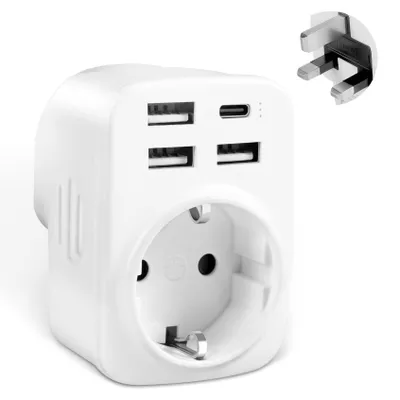 Produktbild von Reiseadapter, UK-Adapter, England, Deutschland, Stecker mit 3 USB-C-Anschlüssen und 1 USB-A-Anschluss