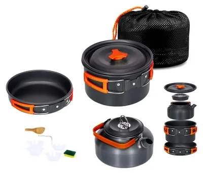 Produktbild von Camping Kochgeschirr Set, 10-teiliges Outdoor Geschirr Set mit 2L Topf, 0.7L Bratpfanne und 1.1L Teekanne für Camping, Wandern und Reisen