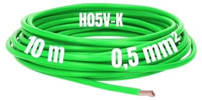 Image de Câble de connexion Kalitec, 10 mètres, H05V-K, 0,5 mm², vert. Câble de raccordement flexible, monoconducteur, gaine en PVC. Fil de connexion fin, monofil, 0,5 mm². Câble unipolaire, fil de connexion fin