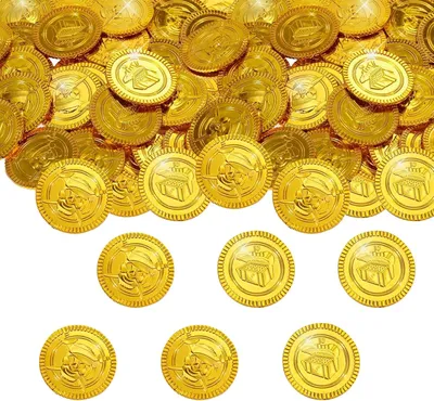 Imagen del producto de Monedas de pirata doradas – Set de 100 – Dinero de juguete para cumpleaños – Monedas de juguete doradas para regalos de cumpleaños