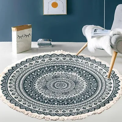 Imagen del producto de Alfombra redonda de algodón con motivos florales de mandala y flecos, diámetro 60 cm, ideal para el salón