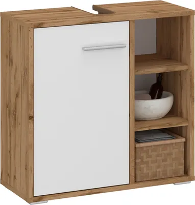 A bathroom vanity cabinet with a white door and open shelving.