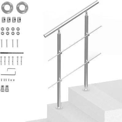 Produktbild von Edelstahl Treppengeländer mit Handlauf - 800x104x1060mm - Geländer mit 2 Querstäben - Hochwertiges Treppengeländer für Innen und Außen