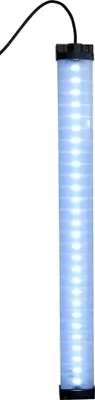 A close-up of a cylindrical LED light tube with a black cable attached.