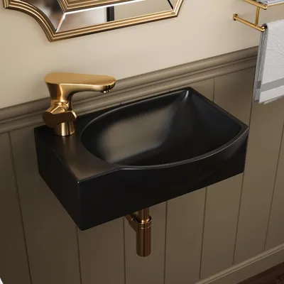 Produktbild von DeerValley Waschbecken klein Schwarz – Mini Wandwaschbecken mit mehr Innenraum, 400×280 mm Keramik, Becken rechts & Armaturloch links ideal für kleine
