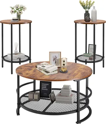 Image de VEVOR Ensemble de 3 tables rondes de salon, (800 x 465 mm) table basse industrielle avec 2 tables d'appoint rondes (40 x 60 cm), ensembles de tables basses avec pieds métalliques, tables gigognes pour bureau salon appartement