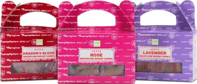 Produktbild von 3er Set Rückfluss Räucherkegel für den Wasserfall Effekt, 24 handgerollte Kegel aus Indien für Entspannung und Meditation (Dragon's Blood + Rose + Lavendel)