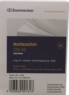 Immagine prodotto di Soennecken Zettelboxeinlage 1146 DIN A6 blanko 200 Bl./Pack.