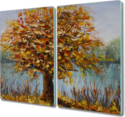 Produktbild von Coloray Herdabdeckplatte 2x30x52 cm Schneidebrett Kochplattenabdeckung Küchenbrett Hackbrett - See Baum Blätter im Herbst