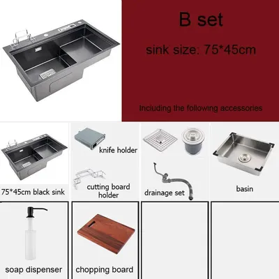 Image de Évier de cuisine en acier inoxydable, finition noir mat, avec porte-couteaux et support pour planche à découper