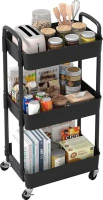 Produktbild von 3-stöckiger Küchenwagen, Allzweckwagen, Servierwagen mit Griff, Multifunktions Aufbewahrungswagen, für Büro, Wohnzimmer, Küche, Schwarz
