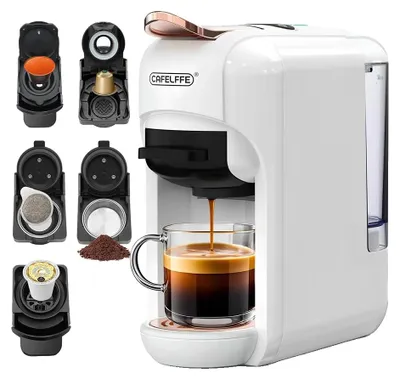 Obrázok produktu pre Kávovar na kapsule, kompatibilný s 5 systémami, možnosť prípravy horúcej aj studenej kávy, biela farba, EÚ
