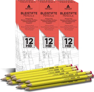 Produktbild von Tritart Bleistifte I 84 Bleistifte mit HB Mine + Radiergummi I HB Bleistift Set mit angespitzter Mine für Schule + Büro + Skizzieren I 7 Packungen je 12 Holz-Bleistifte zum Zeichnen + Schreiben