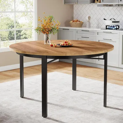 Obrázek produktu pro Kulatý jídelní stůl o průměru 120 cm - Moderní kuchyňský stůl s dřevěnou deskou a industriálními kovovými nohami
