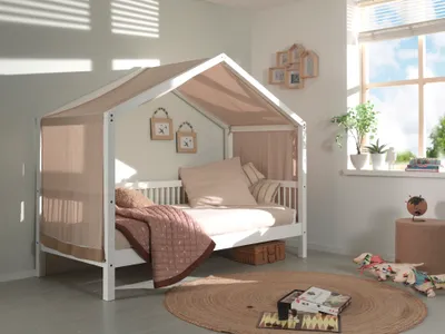 Produktbild von VIPACK - Hausbett mit Textilhimmel, LF 90 x 200 cm inkl. Lattenrost, Ausf. Buche massiv weiß lackiert