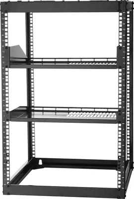 Obrázek produktu pro SucceBuy Síťový rack s otevřeným rámem 16U, hloubka 585 mm, montáž na stěnu nebo na podlahu, čtyřsloupový rack s odvětrávanými policemi a montážním příslušenstvím, vhodný pro IT a AV zařízení