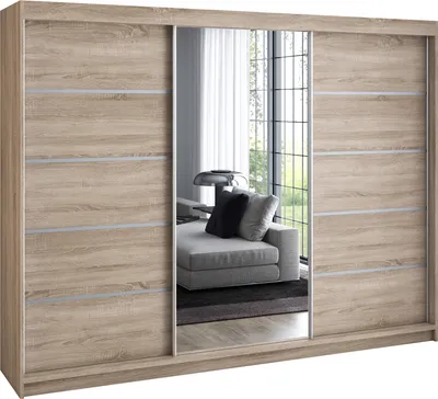Productafbeelding van Schuifdeurkledingkast 200 cm, 3 deuren, met spiegel en 4 lades, retro-stijl, modern, in wit/zwart/sonoma – Kledingkast VILUNO 1