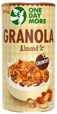 Produktbild von OneDayMore | Mandel Granola mit Mohn und weißer Schokolade | Mit Mandeln Rosinen und Erdnüssen 450 g