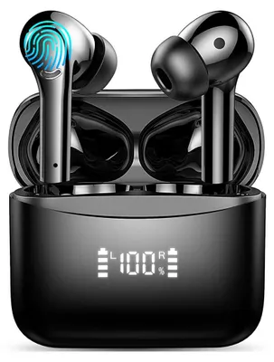 A pair of black wireless earbuds with a charging case, displaying battery percentage.