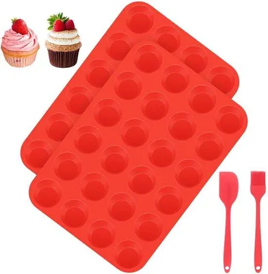 Produktbild von Ibenzoa® Silikon Mini-Muffin-Backform 2er Set – je 24 Mulden, antihaftbeschichtet, 100% lebensmittelecht, -30°C bis 230°C, inkl. Backpinsel & Spatel