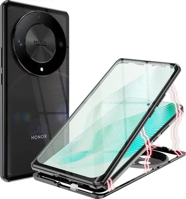 A smartphone case is shown with a smartphone inside, demonstrating its magnetic closure and protective features.
