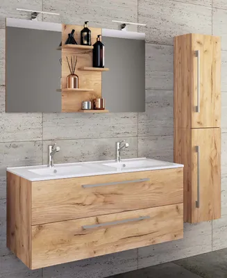 Produktbild von VCM 4-tlg. Doppel Waschplatz | 2x Waschtisch | Badmöbel Set mit Unterschrank, Waschbecken, Hochschrank und Spiegel | Doppelwaschbecken | Komplettset Budasi SP