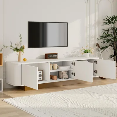 Produktbild von okwish TV-Schrank mit viel Stauraum,Lowboard mit abgerundetes Design, Kabelmanagement und Texturfront,Fernsehschrank aus MDF,Weiß
