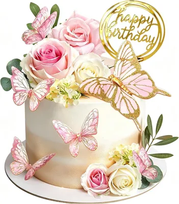 Imagen del producto de Decoración para pasteles, juego de 23 piezas, con mariposas y flores rosas, ideal para pasteles de cumpleaños