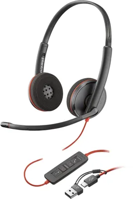 Obrázek produktu pro HP Poly Černý stereofonní headset Poly Blackwire 3220 USB-C + adaptér USB-C/A (sada), Kabel, Kancelář / call centrum, Sluchátka s mikrofonem, Černá