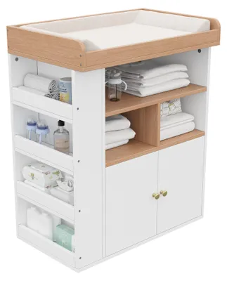 Produktbild von Baby-Wickelkommode 82×50×100 cm, Weiß und Holzoptik, 2-in-1, abnehmbarem Geländer, ohne Wickelauflage, ohne Matratze